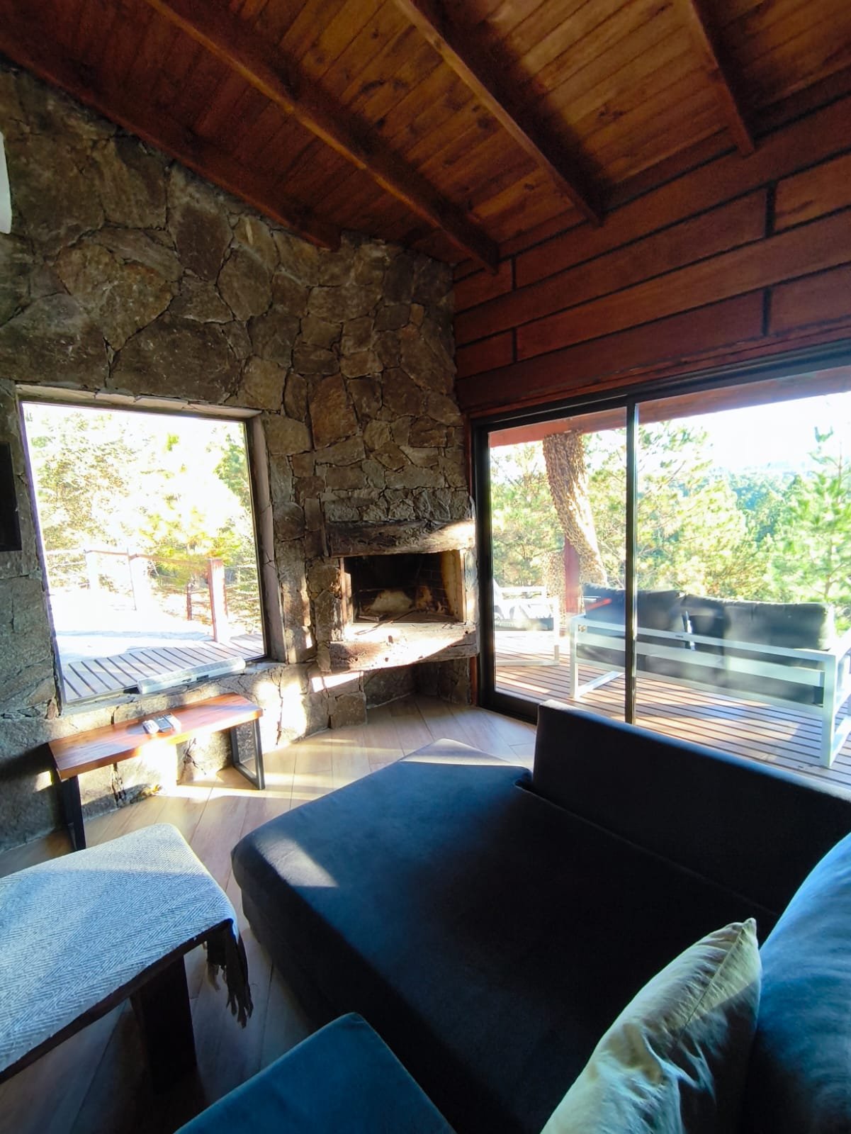 Hogar a leña de piedra y salida al deck
